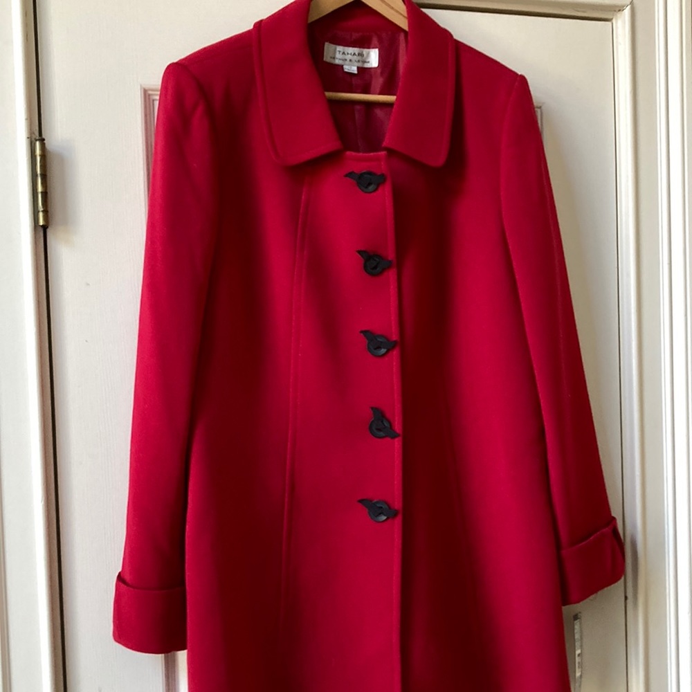Tahari New with tags red button up jacket with side slit pockets.